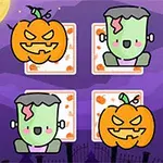 Dovleci de Halloween și monștri de desene animate pe un fundal mov cu lună și siluete de copaci
