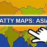 Hartă colorată a Asiei cu un text Scatty Maps: Asia și o mână stilizată îndreptată spre hartă