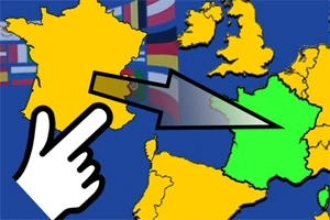 Harta Europei colorată, cu o mână desenată lângă o săgeată care indică o regiune marcată în verde