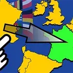 Harta Europei colorată, cu o mână desenată lângă o săgeată care indică o regiune marcată în verde
