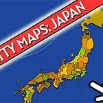 Hartă colorată a Japoniei pe fundal albastru, cu un titlu roșu în colțul stâng sus și o pictogramă de mână în colțul drept jos