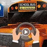 Volan virtual în fața unui autobuz școlar galben și semn de parcare