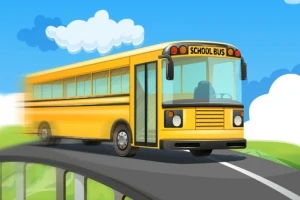 Un autobuz școlar galben care se deplasează rapid pe un drum șerpuit, sub un cer albastru cu nori