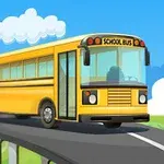 Un autobuz școlar galben care se deplasează rapid pe un drum șerpuit, sub un cer albastru cu nori
