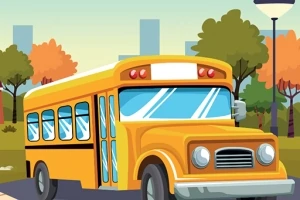Autobuz școlar galben pe un drum, înconjurat de copaci și clădiri în fundal