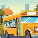 Autobuz școlar galben pe un drum, înconjurat de copaci și clădiri în fundal
