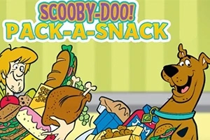 Scooby-Doo! Pack-a-Snack Personajele animate ținând mâncare într-un cadru colorat, cu textul Pack-A-Snack deasupra