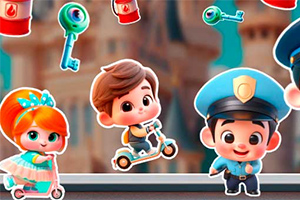 Trei personaje animate adorabile, cu trăsături copilărești, inclusiv un băiat pe trotinetă și un polițist miniatural, sunt înconjurate de obiecte colorate precum chei și umbreluțe