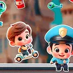 Trei personaje animate adorabile, cu trăsături copilărești, inclusiv un băiat pe trotinetă și un polițist miniatural, sunt înconjurate de obiecte colorate precum chei și umbreluțe