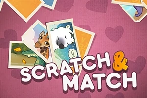 Colaje de imagini cu animale și textul Scratch & Match pe un fundal roz