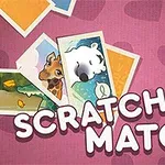 Colaje de imagini cu animale și textul Scratch & Match pe un fundal roz