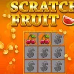 Textul Scratch Fruit și grafică cu fundal portocaliu, monede aurii, un simbol cu cireșe și secțiuni acoperite de simboluri $ în mijloc