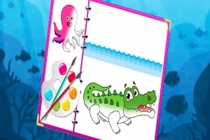 Carte de colorat cu un crocodil și un caracatiță într-un fundal albastru subacvatic, alături de o paletă de culori și pensulă