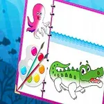 Carte de colorat cu un crocodil și un caracatiță într-un fundal albastru subacvatic, alături de o paletă de culori și pensulă