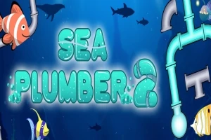 Pe un fundal albastru marin, se află textul Sea Plumber 2 însoțit de pești și țevi subacvatice