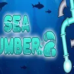 Pe un fundal albastru marin, se află textul Sea Plumber 2 însoțit de pești și țevi subacvatice