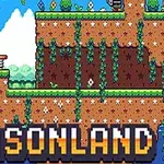 Platformă de joc pixelată cu vegetație și obiecte mecanice, sub un cer albastru cu nori și textul SEASONLAND în partea de jos