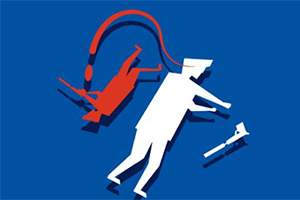 Silhouette albă a unui personaj cu cămașă și pălărie, lângă o siluetă roșie suspendată, toate pe un fundal albastru intens