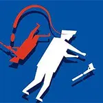 Silhouette albă a unui personaj cu cămașă și pălărie, lângă o siluetă roșie suspendată, toate pe un fundal albastru intens