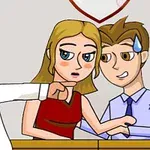 Un bărbat furios indică cu degetul spre un cuplu, o femeie și un bărbat care stă cu un creion în mână, într-o scenă animată