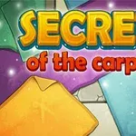 Textul Secrets of the Carpets este afișat pe un fundal colorat cu bucăți de covoare desenate