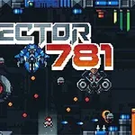 Grafică pixelată cu nave spațiale și litere mari „SECTOR 781” pe un fundal întunecat futurist