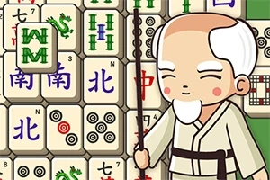 Imaginea prezintă un personaj desenat, un bătrân în haine tradiționale, lângă piese de Mahjong cu diverse simboluri