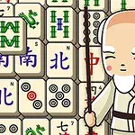 Imaginea prezintă un personaj desenat, un bătrân în haine tradiționale, lângă piese de Mahjong cu diverse simboluri