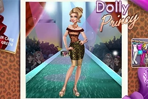 O femeie elegantă pe un podium de modă, purtând o rochie elegantă și ținând o poșetă, cu decor și lumini strălucitoare în fundal