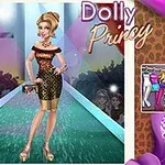 O femeie elegantă pe un podium de modă, purtând o rochie elegantă și ținând o poșetă, cu decor și lumini strălucitoare în fundal