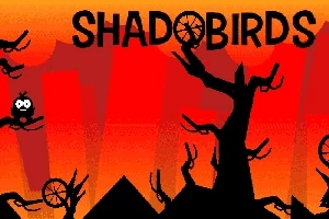 Siluete negre ale unor copaci și păsări pe un fundal portocaliu-roșu cu textul „SHADOBIRDS” deasupra