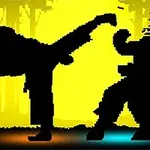 Siluete de luptători care se confruntă într-un fundal galben strălucitor
