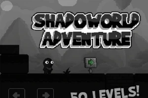 Personaj stil umbră într-un peisaj montan pixelat cu text Shadoworld Adventure și o placă de direcție