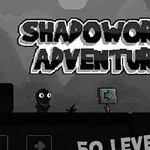Personaj stil umbră într-un peisaj montan pixelat cu text Shadoworld Adventure și o placă de direcție