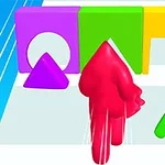 Personaj roșu în formă de săgeată înaintează către obstacole colorate care au găuri de diferite forme