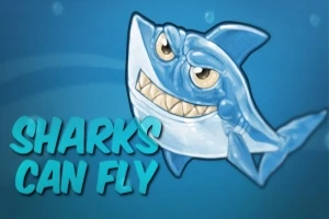 Rechin albastru stilizat cu un zâmbet larg și ochi expresivi, alături de textul Sharks Can Fly pe un fundal albastru