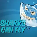 Rechin albastru stilizat cu un zâmbet larg și ochi expresivi, alături de textul Sharks Can Fly pe un fundal albastru