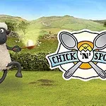 O oaie animată alergă pe un câmp verde, ținând o lingură cu un ou, lângă un logo cu două linguri încrucișate și text