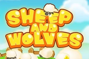 Textul SHEEP AND WOLVES în galben portocaliu, înconjurat de oi stilizate pe fundal de cer albastru cu nori pufoși