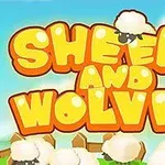 Textul SHEEP AND WOLVES în galben portocaliu, înconjurat de oi stilizate pe fundal de cer albastru cu nori pufoși