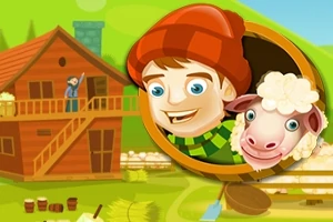 Personaj animat cu fes roșu și oile zâmbind într-un cadru pastoral, cu o casă de lemn pe fundal