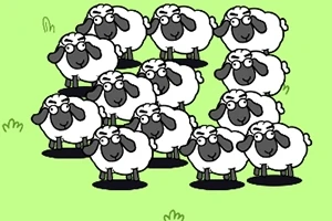 Un grup de oi desenate într-un stil animat, aranjate pe un fundal verde