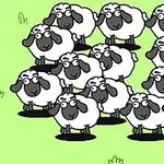 Un grup de oi desenate într-un stil animat, aranjate pe un fundal verde