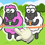 Trei oi desenate, dintre care una este roz, beau din pahare și sunt înconjurate de cercuri colorate, cu o mână animată indicând spre ele, pe un fundal de peisaj verde cu cer albastru