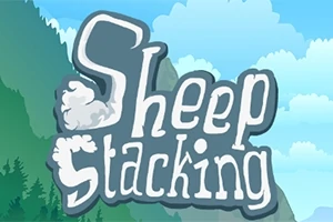 Textul Sheep Stacking este prezentat pe un fundal de munți și nori albaștri