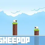 Oile pixelate stau pe coloane de lemn sub un cer albastru cu nori, cu titlul Sheepop în partea de jos