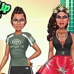 Două personaje îmbrăcate diferit, una într-o ținută sportivă și cealaltă într-o rochie elegantă cu accesorii, având un fundal urban