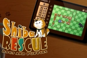 Tableta afișând un joc cu un câine Shiba Inu pe o tablă de șah verde cu elemente de puzzle și titlu colorat alături