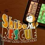 Tableta afișând un joc cu un câine Shiba Inu pe o tablă de șah verde cu elemente de puzzle și titlu colorat alături