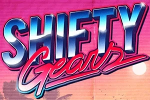 Textul Shifty Gears scris într-un stil retro cu un fundal roz, palmieri și un soare apunând
